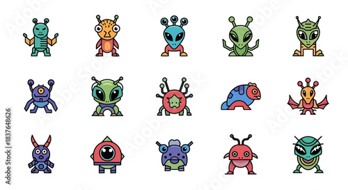 Collection of Cute Cartoon Aliens, Extraterrestrial Beings, and Friendly Monsters