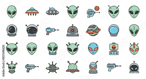 Collection of alien and UFO icons, representing science fiction and extraterrestrial themes for graphic design projects and futuristic concepts