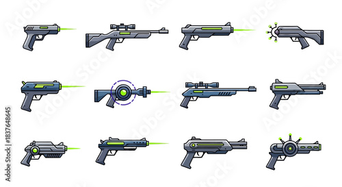 Collection of futuristic laser guns and sci-fi weapon illustrations