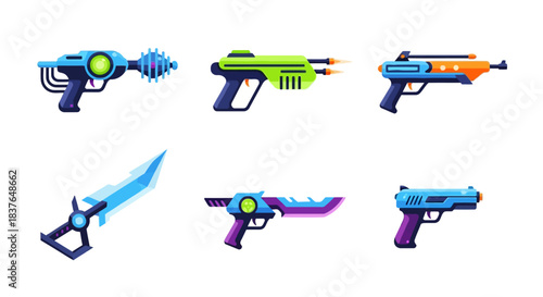 Collection of futuristic sci-fi weapon illustrations, including blasters, laser guns, and energy swords