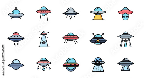 Collection of retro-style flying saucer and UFO icons representing extraterrestrial craft and alien encounters