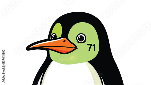 A charming cartoon penguin with a green face and the number seventy-one.