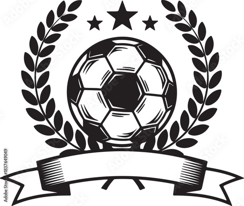 Vintage soccer emblem with laurel wreath and banner vector