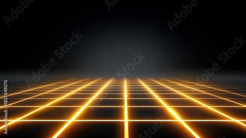 Fototapeta Naklejka Na Ścianę i Meble -  Neon Grid Background with Orange Lines and Dark Space for Futuristic Technology and Digital Concept Illustrations and Designs