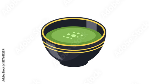 Pixel Art Matcha Tea In A Dark Bowl With Yellow Rim Isolated On Black Background
