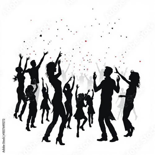 Silhouette Dance: Energetic silhouettes dance and celebrate in a flurry of festive confetti, creating a dynamic visual of joy and community.