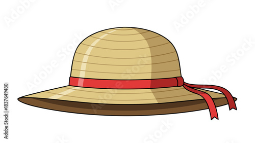 Pixel Art Straw Hat With Red Ribbon and Bow Accent Isolated on Black Background