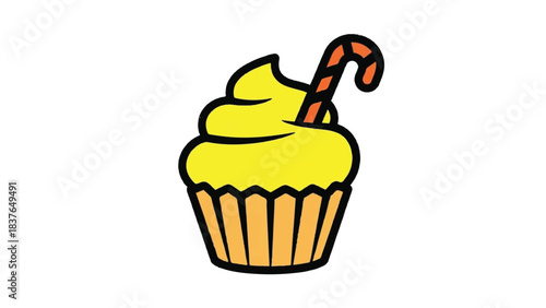 Yellow cupcake with candy cane decoration.