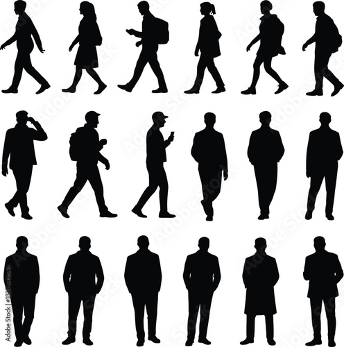 Walking People and Pedestrian Silhouette Set