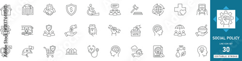 social policy line icon set featuring public welfare, equality, human rights, justice, healthcare, insurance, and community support vector symbols.