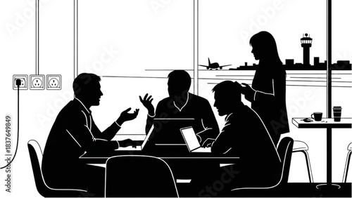 Black silhouette line art of group meeting in airport co-working space