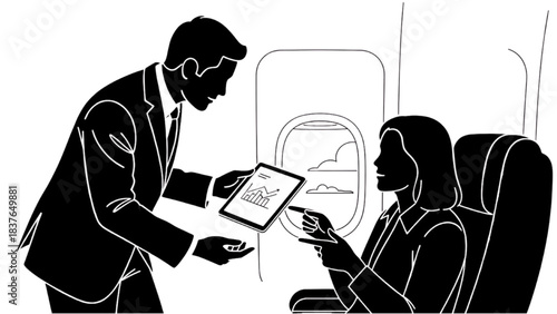 Black silhouette line art of businessperson presenting ideas on a tablet during a flight