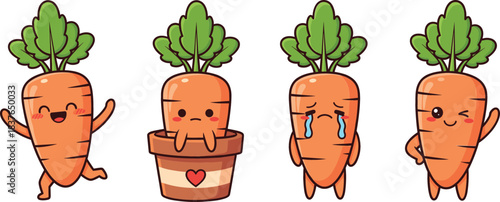 Cute Carrot Character Vector Set Featuring Cartoon Vegetable Mascots with Happy, Sad, and Playful Expressions