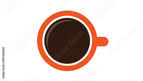 Top view of a steaming cup of black coffee in an orange mug.