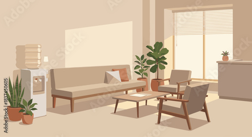 “Clinic waiting room with seating area, a water dispenser, potted plants, flat minimalist design, warm neutral palette.”