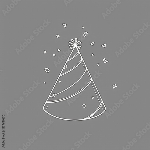 Celebratory Hat: A line art illustration of a festive conical party hat, adorned with decorative stripes, and stars, perfect for birthday celebrations and joyful events. 