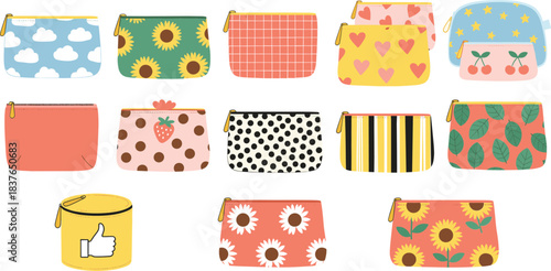 Cute cosmetic pouch illustration set with colorful patterned zipper bags for makeup travel and stationery storage