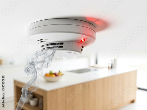 Smoke detector alarming in a modern kitchen with visible smoke