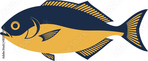 A stylized illustration of a fish with a dark blue upper body and a golden yellow lower body, featuring striped fins and tail on a white background.