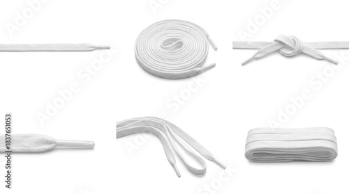 Collection of white shoelaces in different arrangements on an isolated background