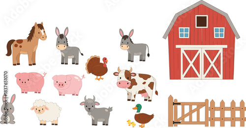 Cute farm animals illustration set with barn fence and countryside elements for kids and educational design
