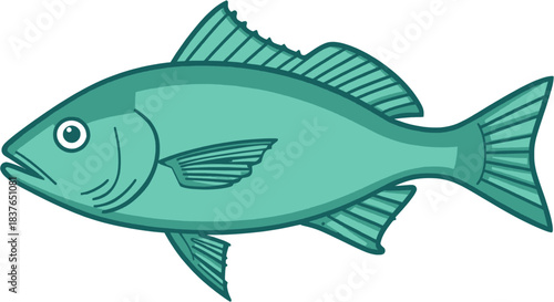 A cartoon illustration of a teal-colored fish with fins and an eye, swimming horizontally.