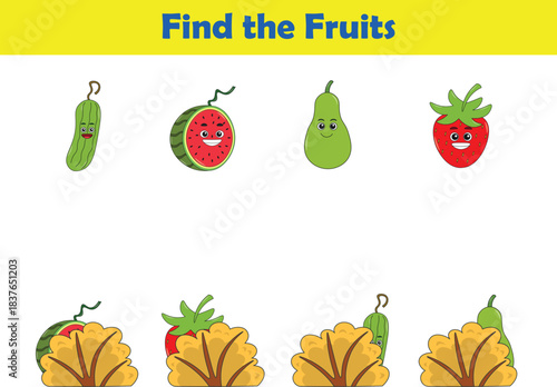 Find Hiding fruits. Child Exercise Sheet with fruits. Printable worksheet. Cartoon vector illustration