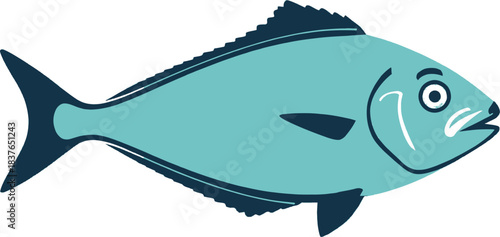 A simple, stylized illustration of a light blue fish with dark blue fins and outlines, depicted in a side profile on a white background.
