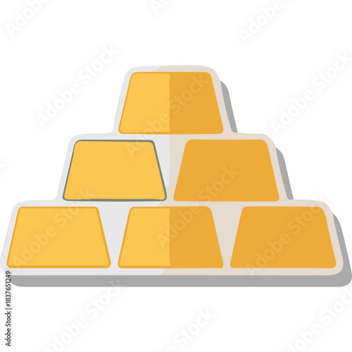 Stack Of Six Rectangular Golden Ingots Arranged In A Pyramid Formation On A Light Gray Surface Against A Black Background Simple Flat Design Illustration