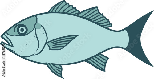 A simple, stylized illustration of a light blue fish with an open mouth and fins.