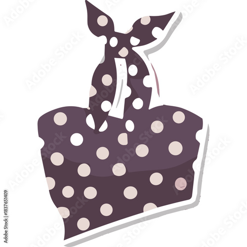 Stylish polka dot headscarf accessory in dark purple with white and light pink dots tied in a knot for a retro fashion look with a white border and drop shadow on a transparent background