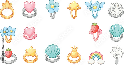 Cute girls rings illustration set with hearts flowers stars strawberries crowns and colorful fantasy jewelry