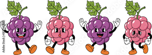 Cute Grape Character Vector Set with Smiling Cartoon Fruit Mascots Showing Different Expressions and Walking Poses