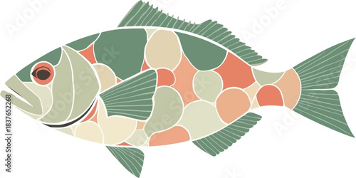 A stylized illustration of a fish with a mosaic pattern in shades of green, orange, and cream, depicted against a white background.