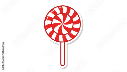 Red And White Swirled Lollipop Candy On A Stick With A Black Background And White Outline Isolated
