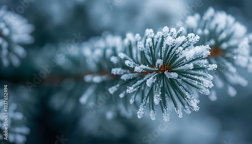 Closeup of a fir tree branch covered in frost and ice crystals, creating a beautiful winter scene with soft blue and white tones