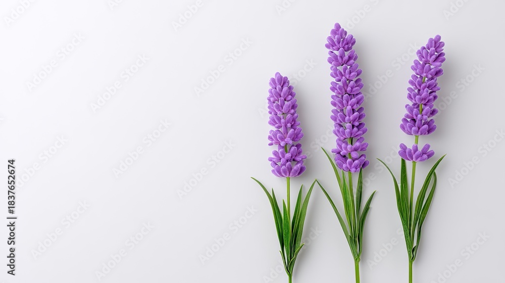 Naklejka premium Beautiful lavender flowers arrangement showcasing vibrant purple blooms against a clean white background with elegant green leaves enhancing the visual appeal.
