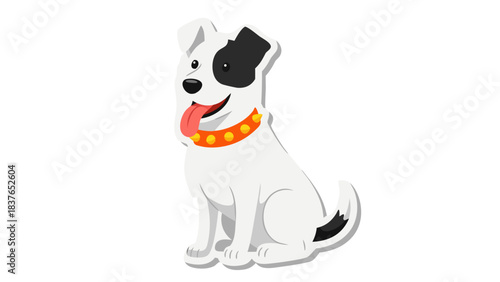 Pixelated White Jack Russell Terrier Dog Wearing Orange Studded Collar Sitting Happily With Tongue Out Isolated on Black Background Studio Shot