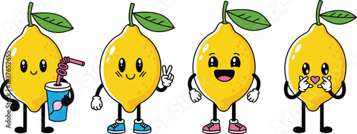 Cute Lemon Character Vector Set Featuring Smiling Cartoon Fruit Mascots With Expressions, Gestures, and Fun Poses