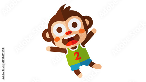 Playful Cartoon Monkey Character Wearing A Green Tank Top With Number Two And Blue Shorts Joyfully Jumping Against A Black Background Simple Flat Design Adorable Animal Illustration
