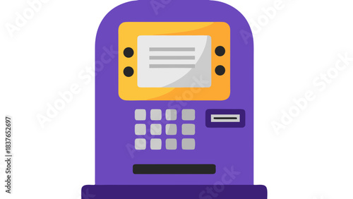 Purple Automated Teller Machine With Yellow Screen Displaying Text and Gray Keypad for Financial Transactions