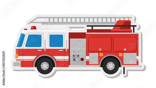 Red and White Fire Truck Vehicle With Ladder Extended on a Black Background Emergency Services Transportation Illustration
