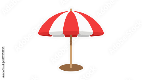 Red And White Striped Beach Umbrella With A Brown Pole And A Circular Base On A Black Background