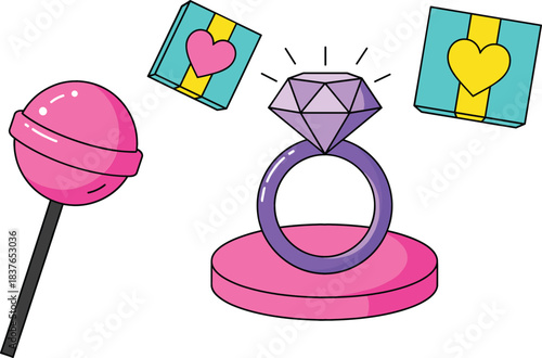 Cute Love and Gift Vector Illustration Featuring Diamond Ring, Candy Lollipop, and Heart Wrapped Presents in Cartoon Style