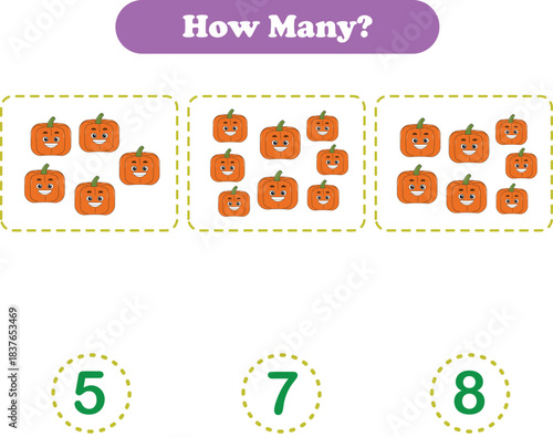 Counting game of fruits for preschool kids. Counting fruits. Printable. Vector Illustration