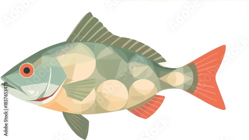 Stylized illustration of a freshwater fish, possibly a perch, with geometric patterns and vibrant colors.