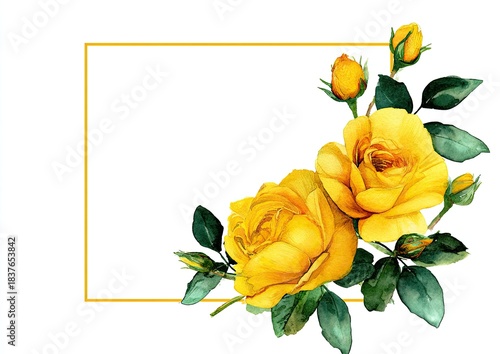 Yellow roses and buds corner arrangement within a golden rectangular frame