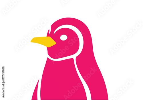 Stylized Pink Penguin Illustration with Yellow Beak and White Accents.