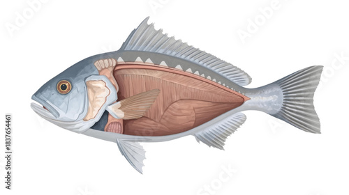Detailed illustration of a fish's internal anatomy, showing its organs, gills, and muscle structure in a scientific cross-section.