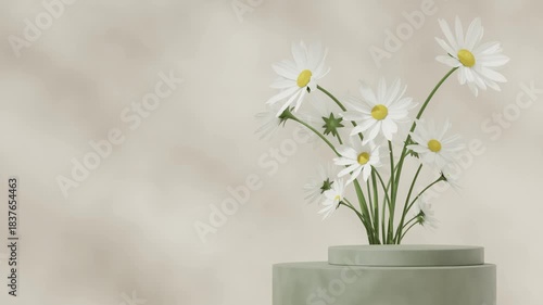 white daisy flower in 3d video rendering of template mockup dark green cylinder podium looping seamless shadow animation
